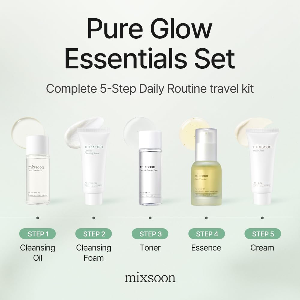 mixsoon Set de Esenciales Pure Glow - Kit de Cuidado de la Piel de 5 Pasos - Set de Regalo Hidratante para el Cuidado de la Piel, Aceite Limpiador, Espuma, Tónico, Esencia, Crema (15ml*1+20ml*3+30ml*1