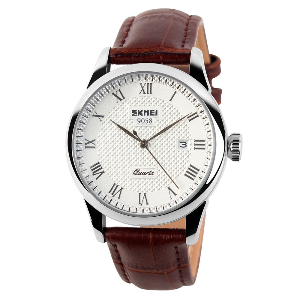SKMEI Relojes de pulsera para hombre de negocios, con números romanos, correa de cuero, cuarzo, casual, resistente al agua, analógico