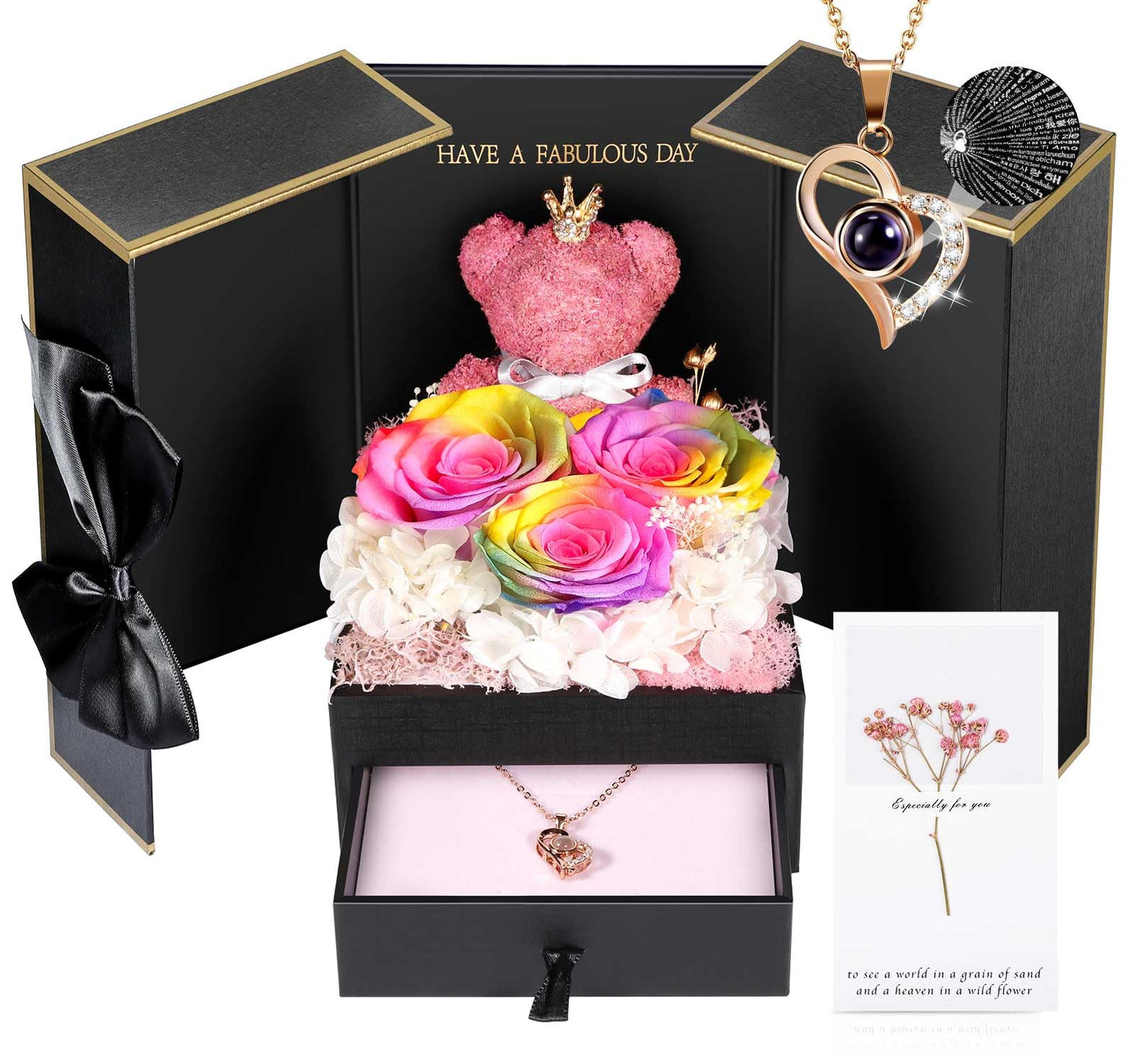 ADDWel Preserved Real Roses with I Love You in 100 Languages Mom Necklace Set, Unique Mothers Day Set for Mom from Son and Daughter, Birthday Gift Box for Mama Mother