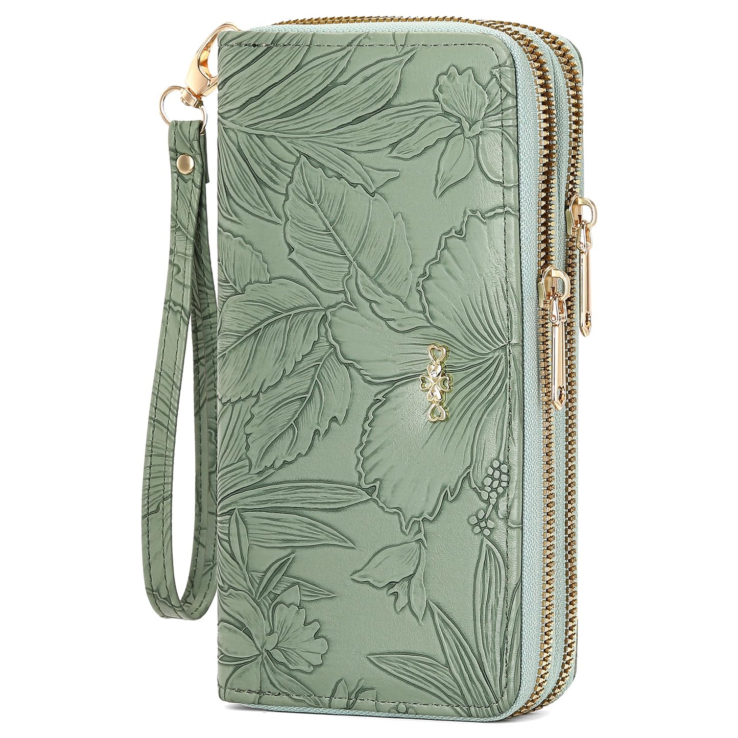 RNIEGA Cartera para mujer con doble cremallera alrededor del titular de la tarjeta de crédito, cartera de cuero para mujer, gran capacidad