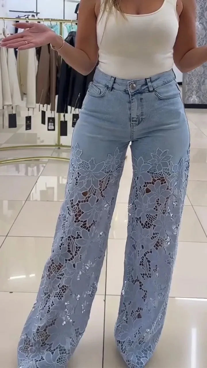 Fashion Elegant Jeans for Women High Waist Lace Patchwork Pants Hollow Out Oversized Spring Casual Loose All Match Pants