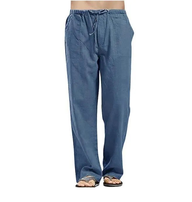 Hot Men Cotton Linen Trousers Solid Color Elastic Waist Loose Long Trousers Men's Hip-hop Breathable Casual Pants