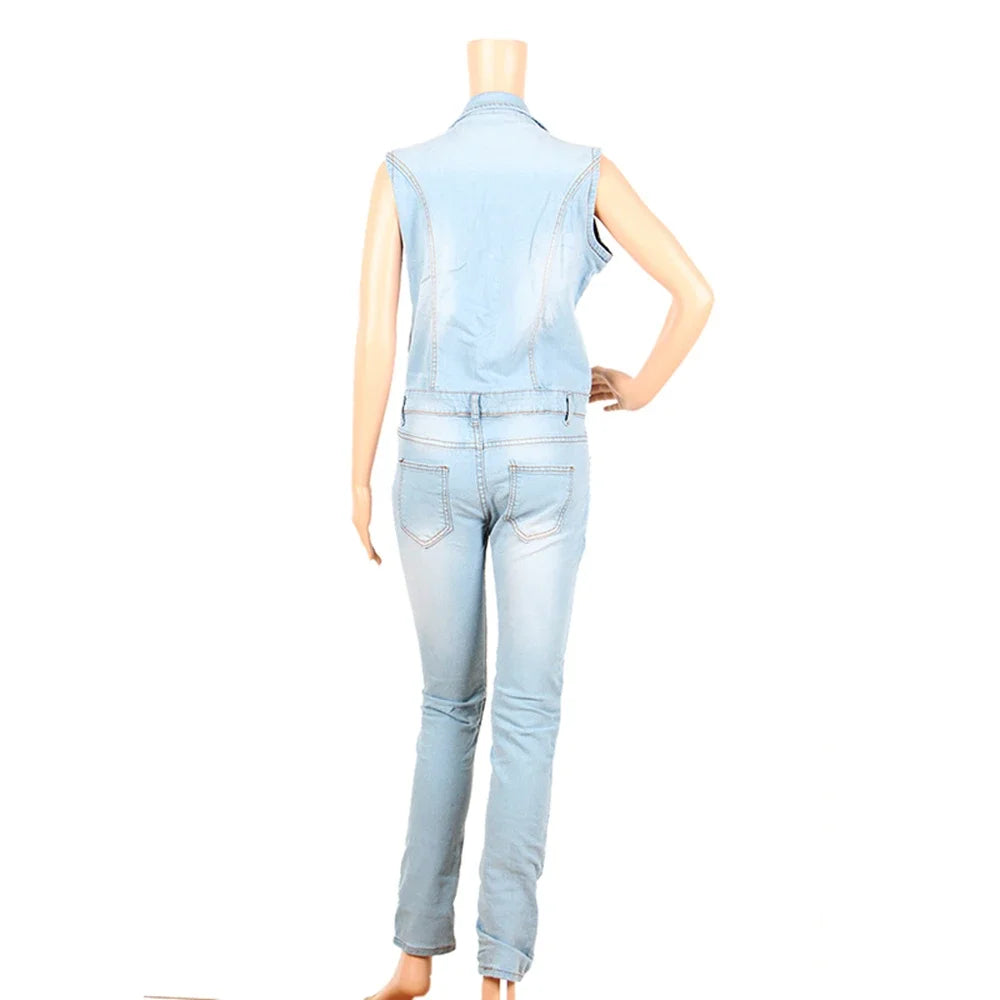 Women's Denim Jumpsuit Sexy Slim Fit Zipper Sleeveless V-Neck High Waist Fashion Jean Pants Romper