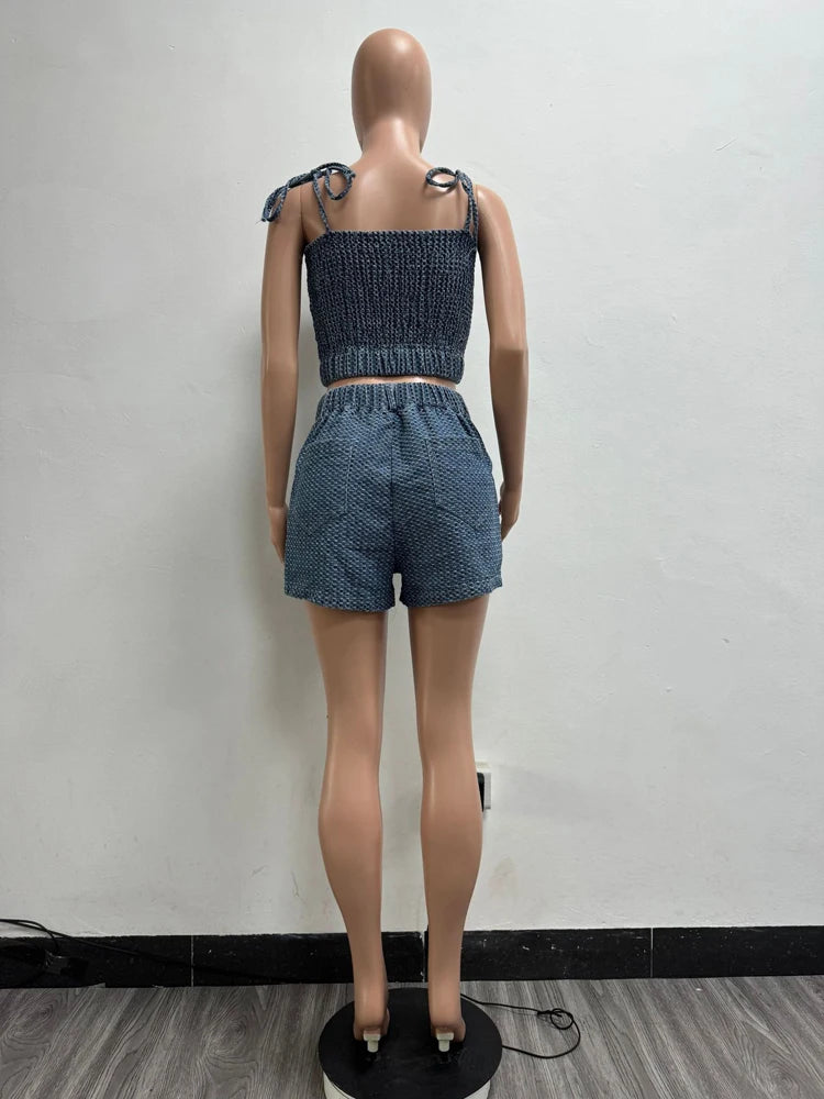 Sexy Jeans Outfit Women Sets Sleeveless Strap Crop Top Shorts Suit 2025 Summer Clothing Casual Denim Short Two 2 Pieces Set