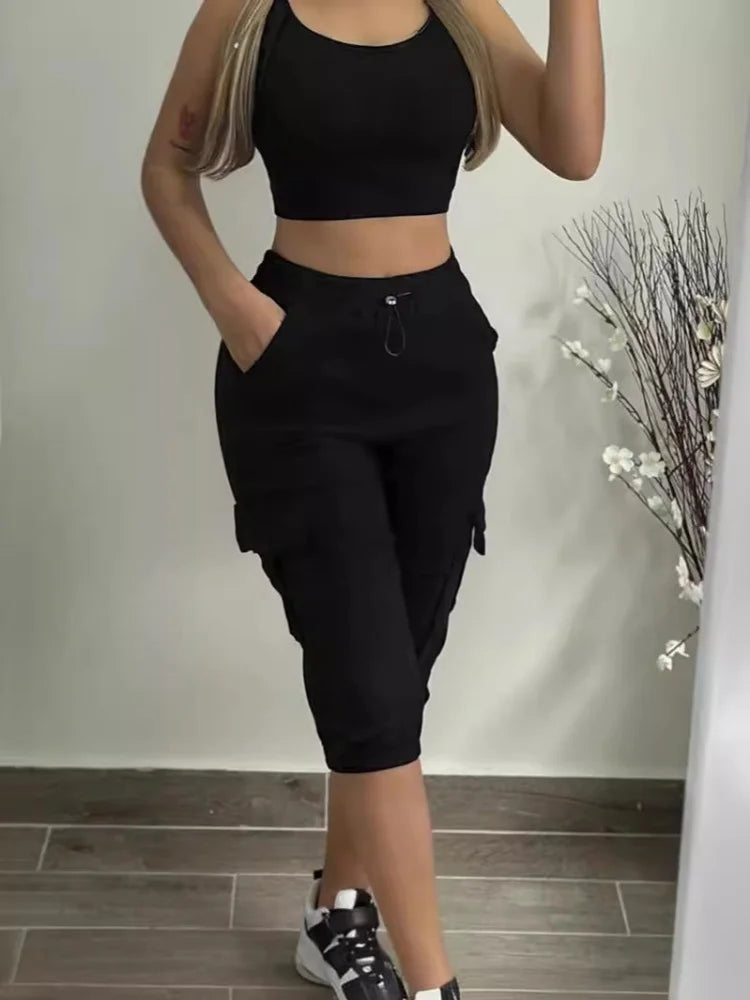 Summer Women's Slim-Fit Capri Trousers Solid Color Casual Multiple Pocket Lace-Up High Waist Tight Leggings Capri Pants