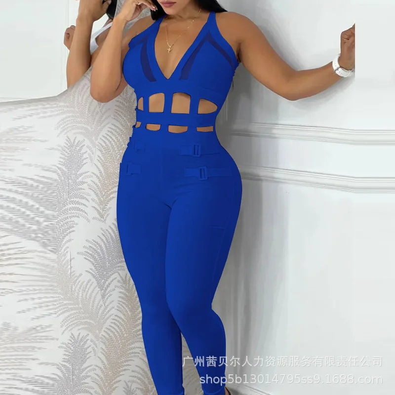 Women's Jumpsuit Summer New Sleeveless New Fashionable Hollow Camisole Buckle Comparison Mesh Tight Jumpsuit