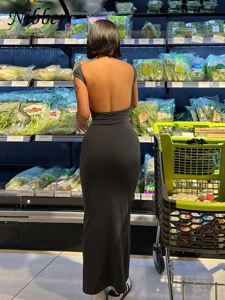 Nibber Solid Sexy Backless Maxi Dress Women Elegant Elastic Slim Short Sleeve Long Dresses Female Bodycon Streetwear Clothing