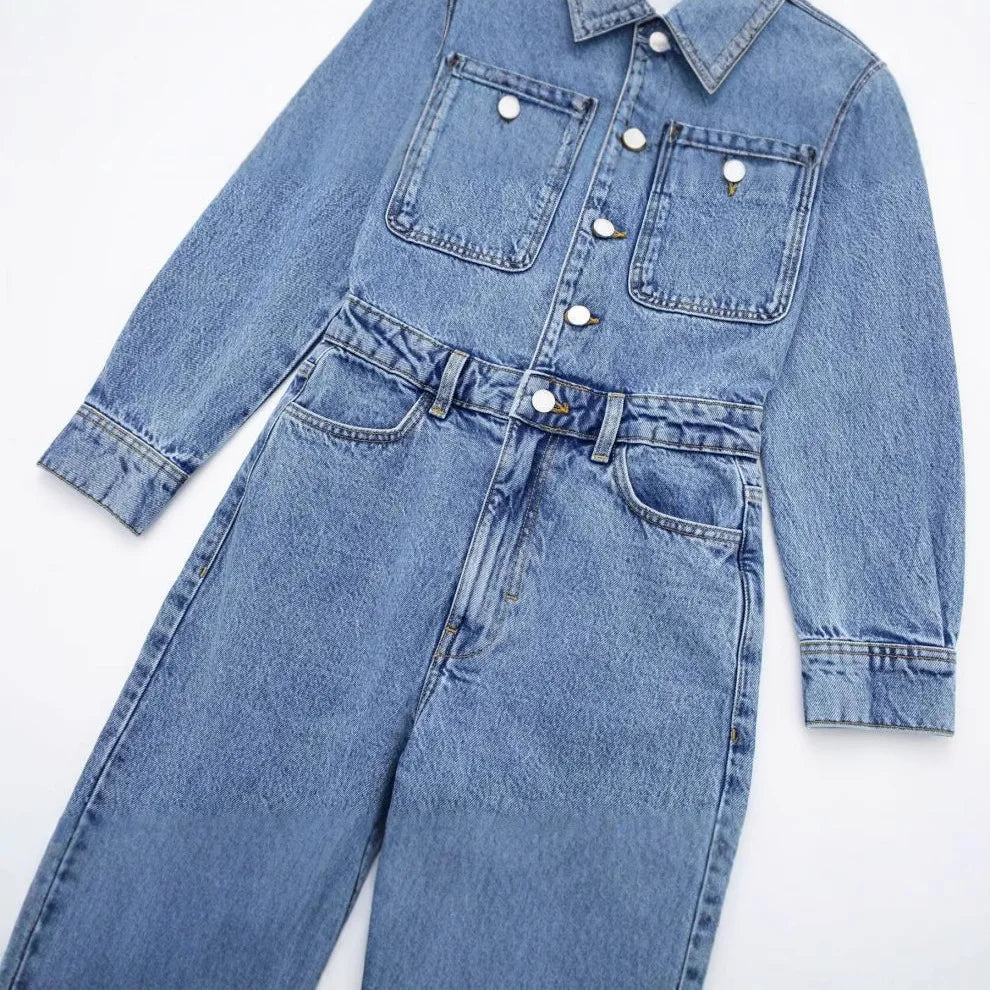 Women's Long-Sleeved Jumpsuit Jeans Fashionable Button-Front Collar with Pockets Straight-Leg Slim-Fit Denim Jumpsuit