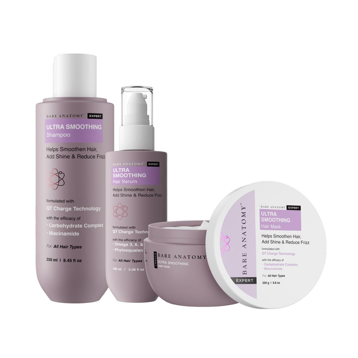Bare Anatomy Champú ultra suavizante + máscara para el cabello + kit de suero | Complejo de carbohidratos y niacinamida | Cabello seco y encrespado | Sin parabenos ni sulfatos | Mujeres y hombres | 8.5 fl oz + 8.82 oz + 1.7 fl oz