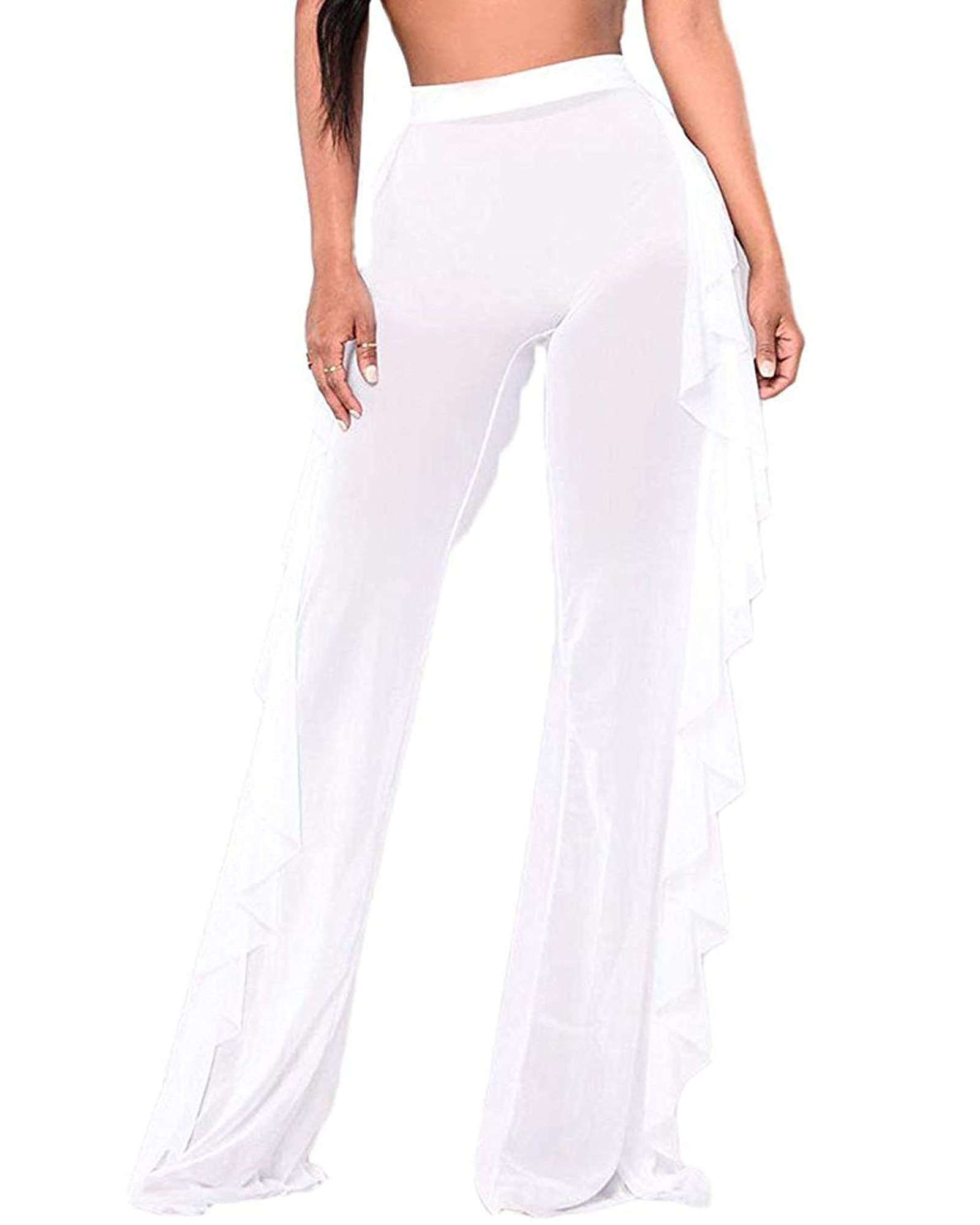 Springcmy - Pantalones de malla transparente con volantes para mujer, diseño para usar sobre el bikini, de pierna ancha para la playa