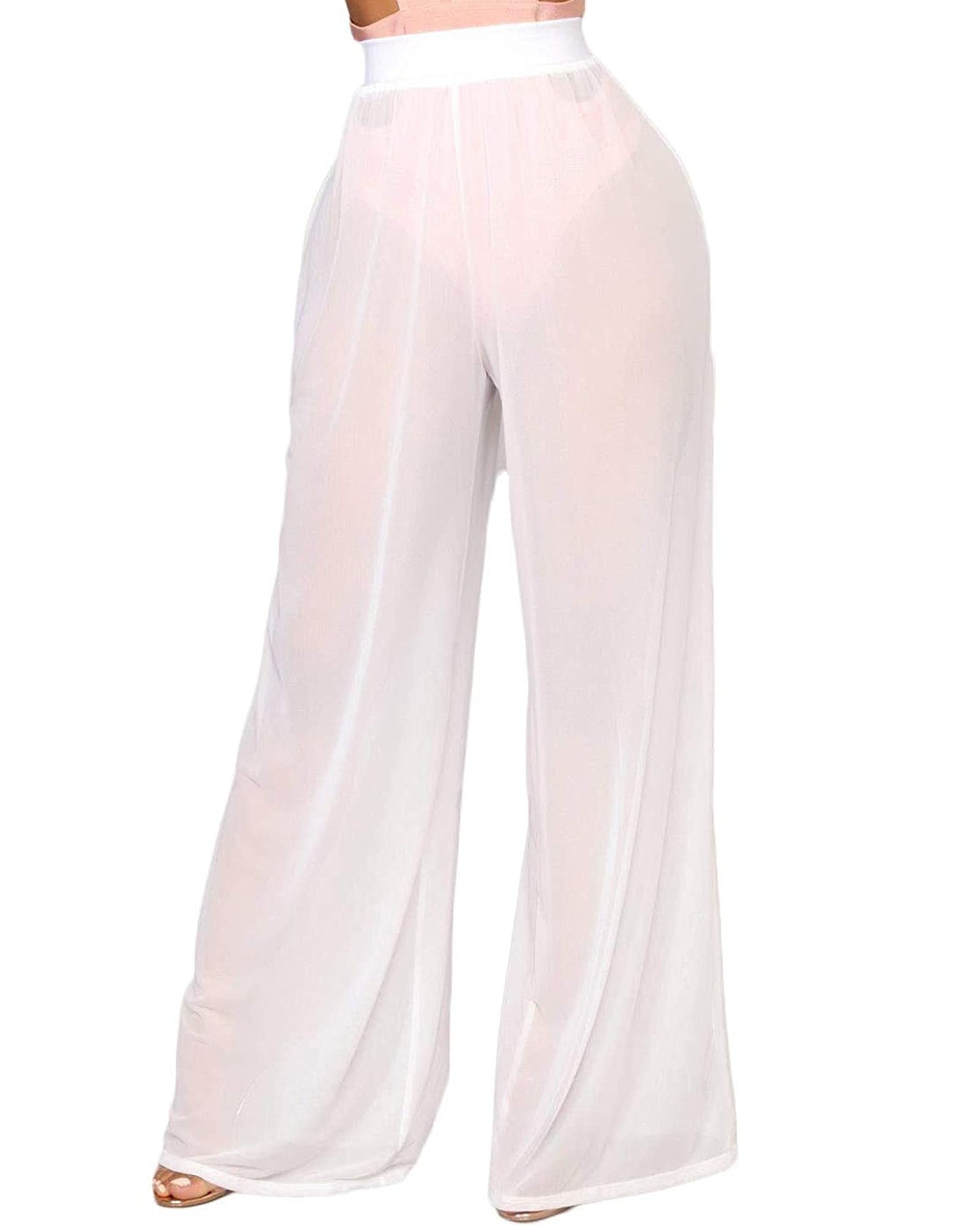 Springcmy - Pantalones de malla transparente con volantes para mujer, diseño para usar sobre el bikini, de pierna ancha para la playa