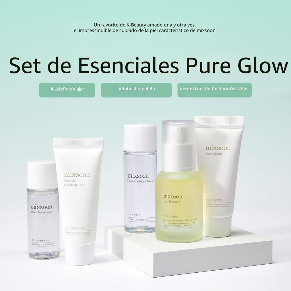 mixsoon Set de Esenciales Pure Glow - Kit de Cuidado de la Piel de 5 Pasos - Set de Regalo Hidratante para el Cuidado de la Piel, Aceite Limpiador, Espuma, Tónico, Esencia, Crema (15ml*1+20ml*3+30ml*1