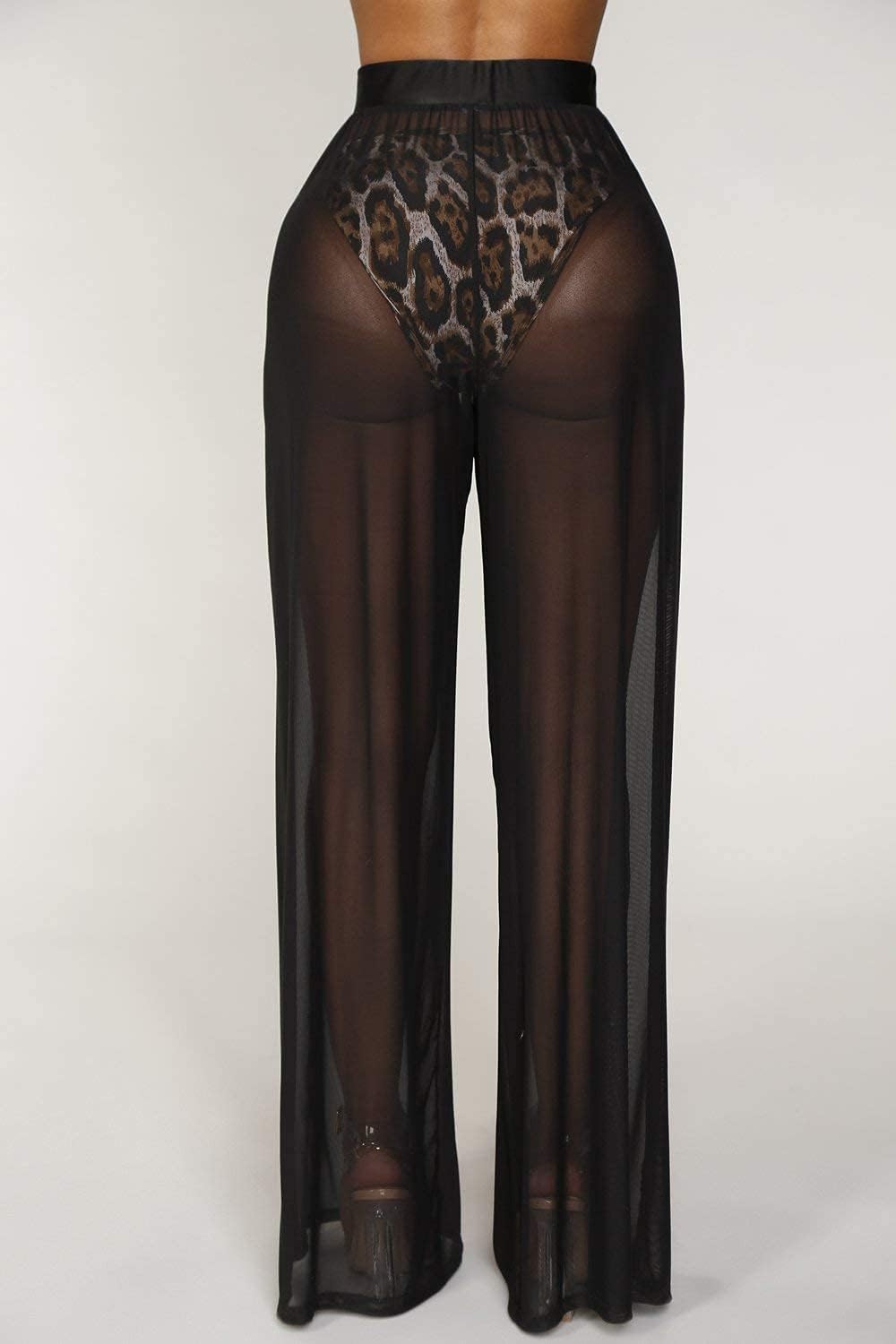 Springcmy - Pantalones de malla transparente con volantes para mujer, diseño para usar sobre el bikini, de pierna ancha para la playa