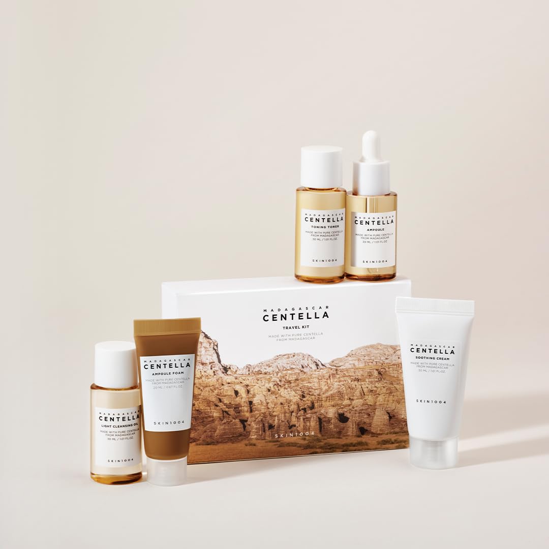 SKIN1004 Madagascar Centella - Kit de viaje, tónico, ampolla, crema calmante, aceite limpiador, espuma de ampolla, caja de kit de prueba básica para el cuidado de la piel, juegos de regalo para mamá