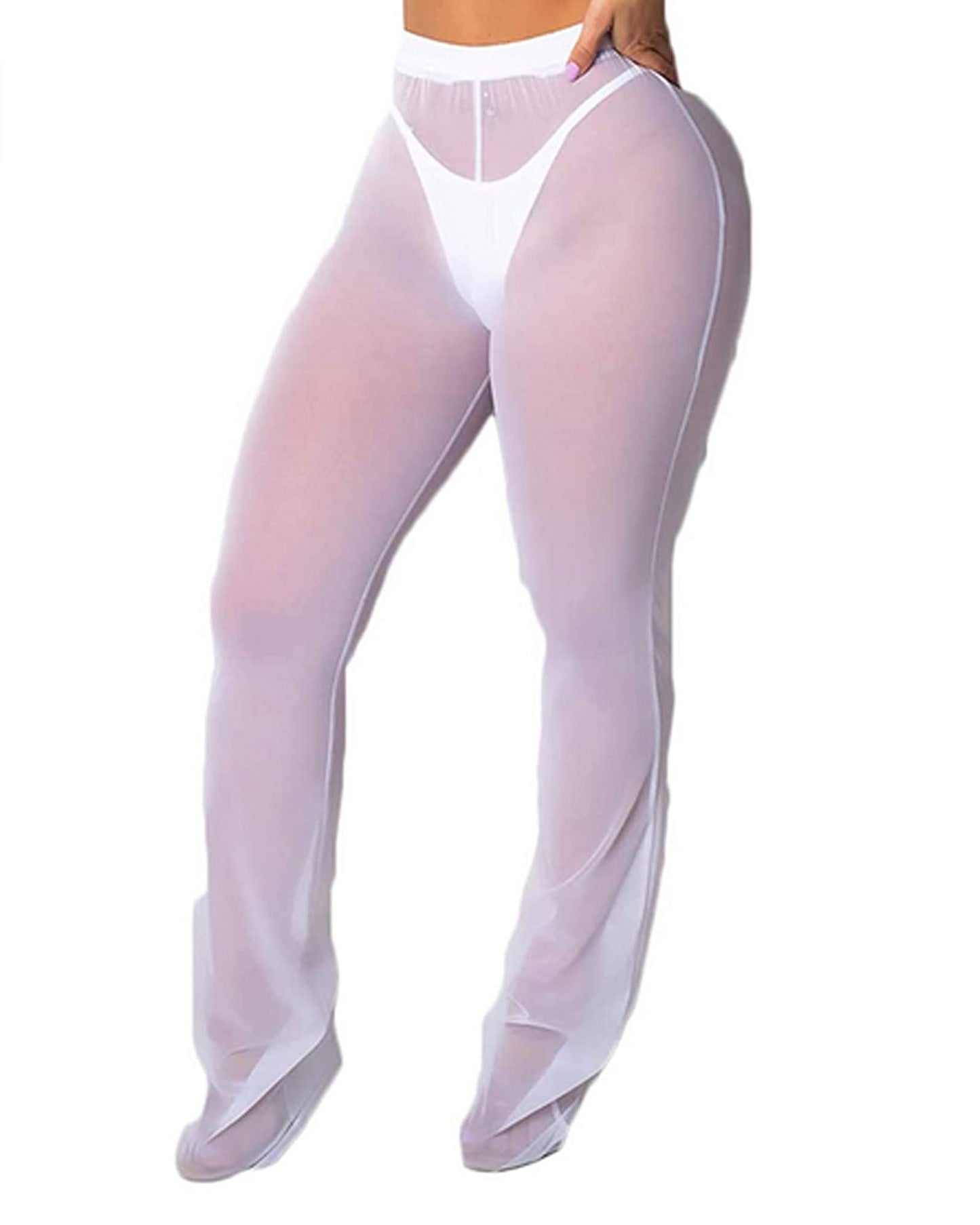 Springcmy - Pantalones de malla transparente con volantes para mujer, diseño para usar sobre el bikini, de pierna ancha para la playa
