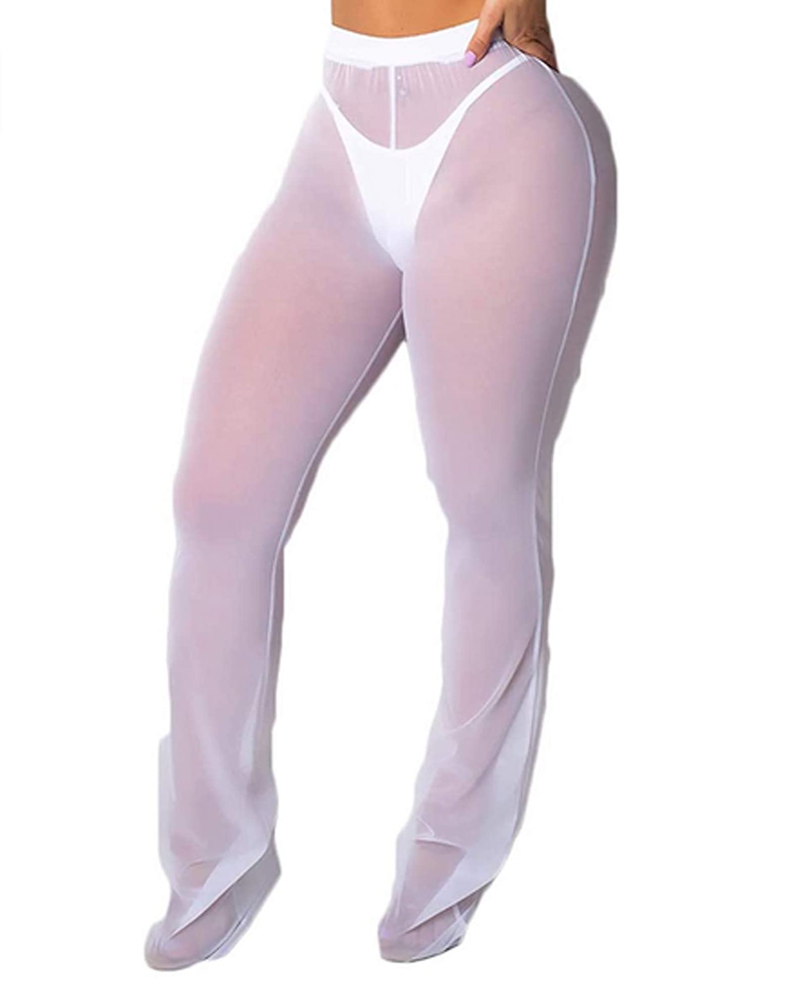 Springcmy - Pantalones de malla transparente con volantes para mujer, diseño para usar sobre el bikini, de pierna ancha para la playa
