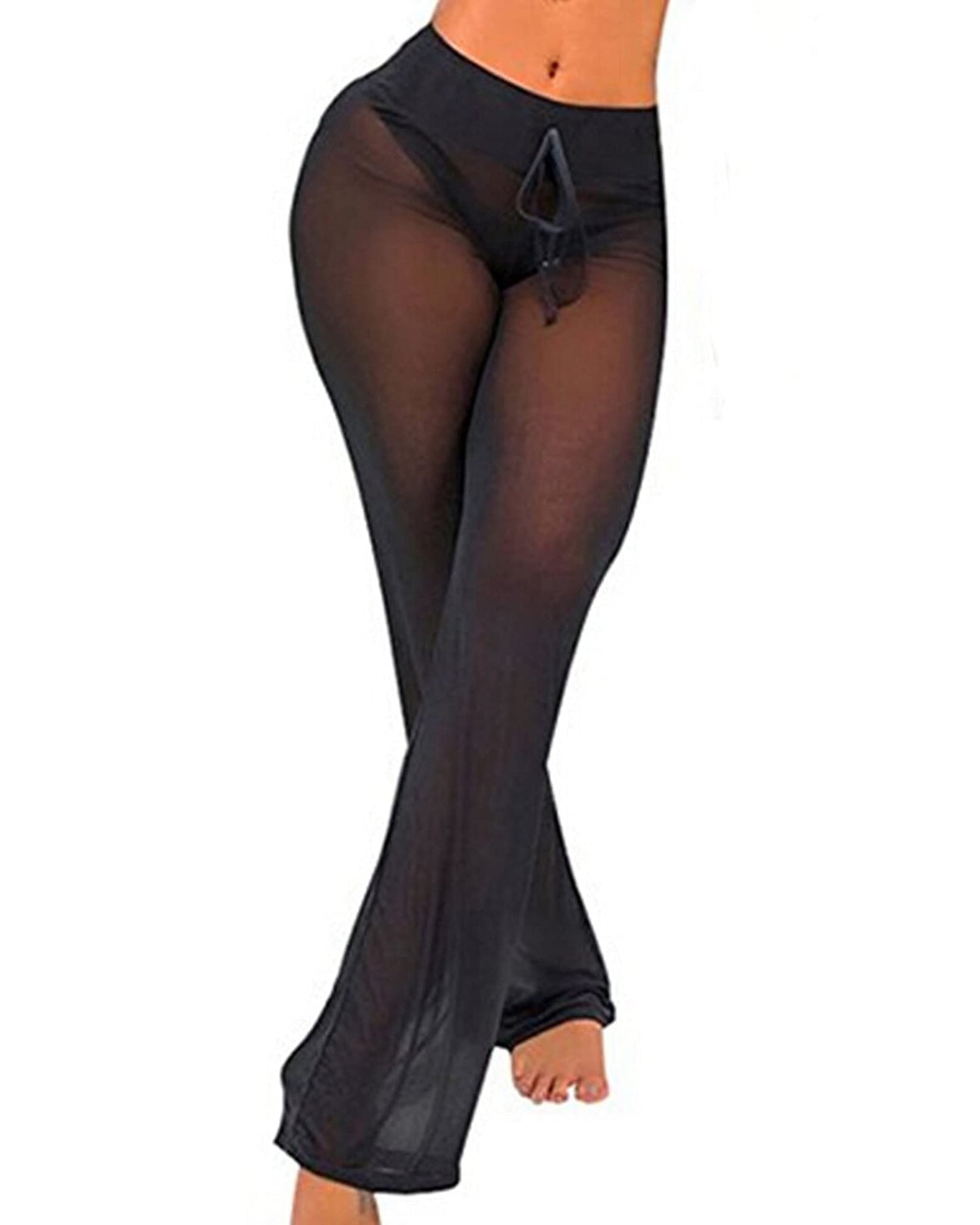 Springcmy - Pantalones de malla transparente con volantes para mujer, diseño para usar sobre el bikini, de pierna ancha para la playa
