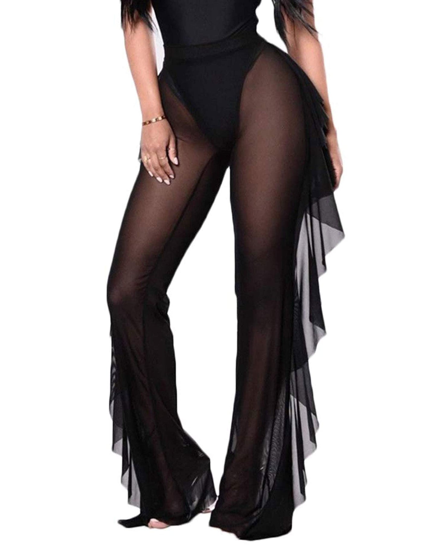 Springcmy - Pantalones de malla transparente con volantes para mujer, diseño para usar sobre el bikini, de pierna ancha para la playa