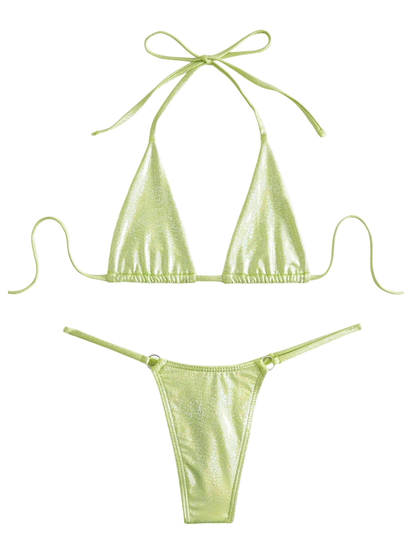 SOLY HUX Traje de baño metálico para mujer Halter Micro Triángulo Top Traje de baño Tanga Tanga Bikini Conjunto de dos piezas