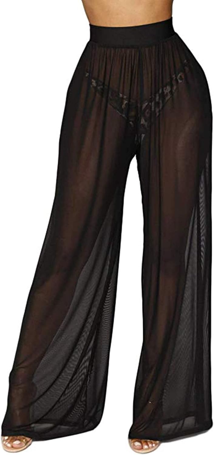 Springcmy - Pantalones de malla transparente con volantes para mujer, diseño para usar sobre el bikini, de pierna ancha para la playa