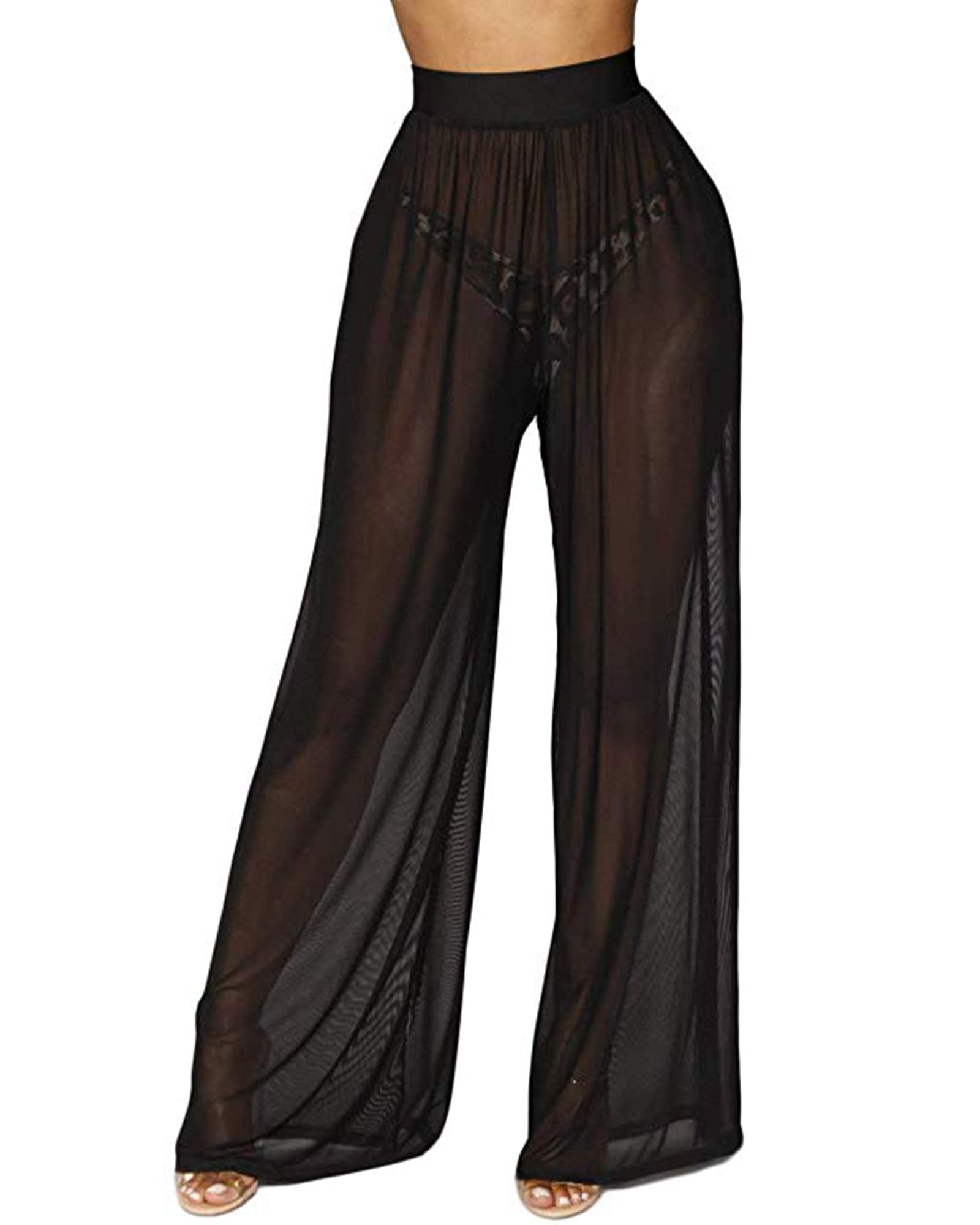 Springcmy - Pantalones de malla transparente con volantes para mujer, diseño para usar sobre el bikini, de pierna ancha para la playa