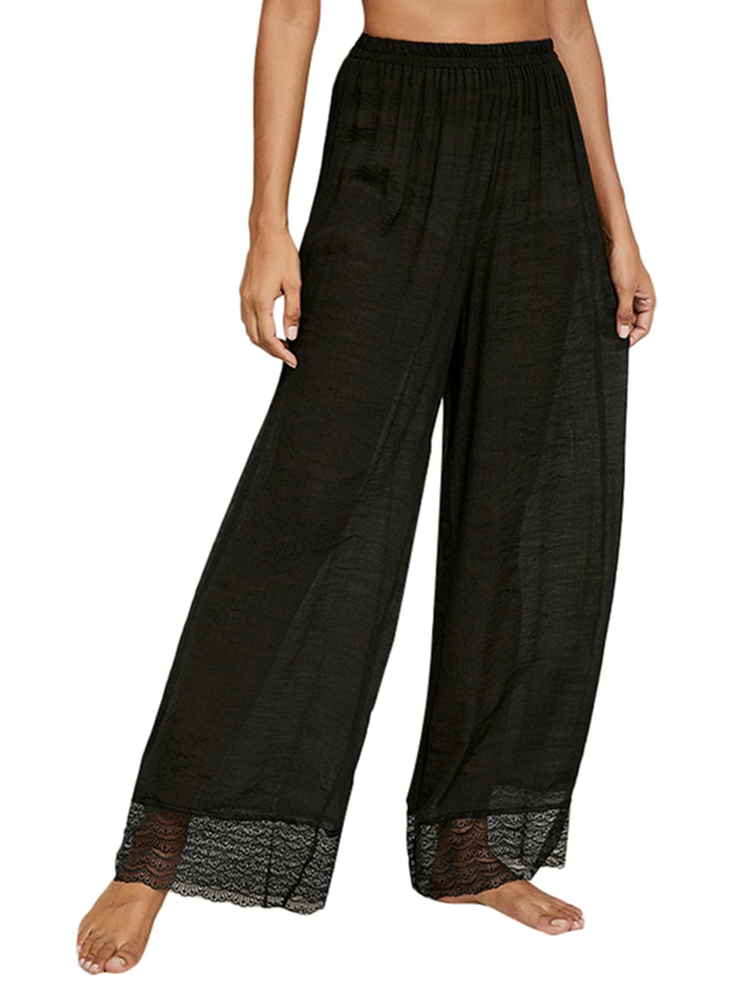 Springcmy - Pantalones de malla transparente con volantes para mujer, diseño para usar sobre el bikini, de pierna ancha para la playa