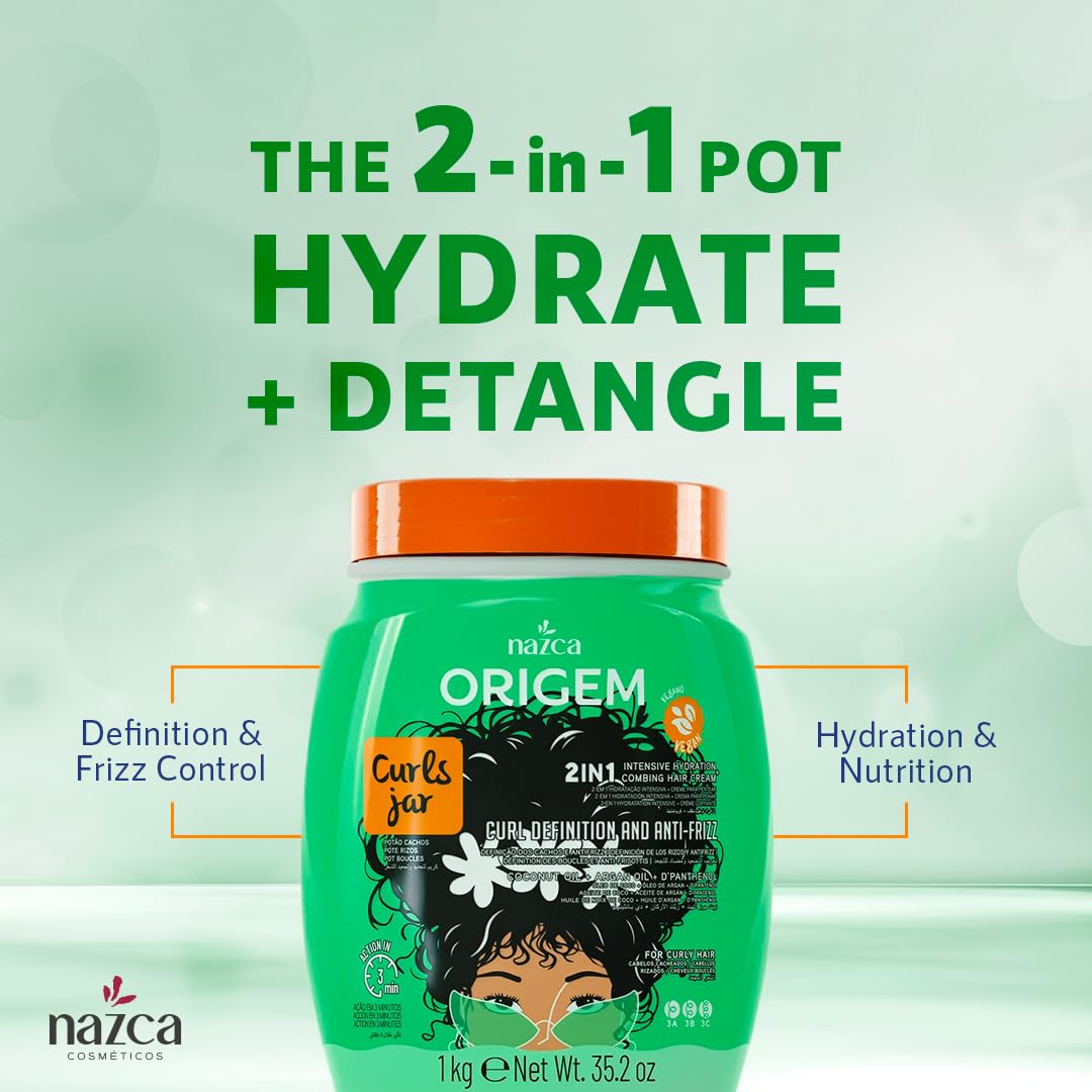 NAZCA More Curls Jar 2-in-1 Hair Cream & Cream To Comb for Curly Hair Types 3A 3B 3C, Deep Moisture, Curl Definition & Anti-Frizz, with Coconut Oil & Argan Oil, Vegan, Hydrating Leave-In 35.2oz.