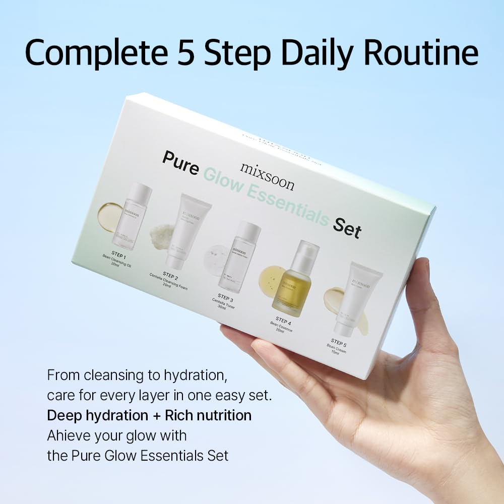 mixsoon Set de Esenciales Pure Glow - Kit de Cuidado de la Piel de 5 Pasos - Set de Regalo Hidratante para el Cuidado de la Piel, Aceite Limpiador, Espuma, Tónico, Esencia, Crema (15ml*1+20ml*3+30ml*1