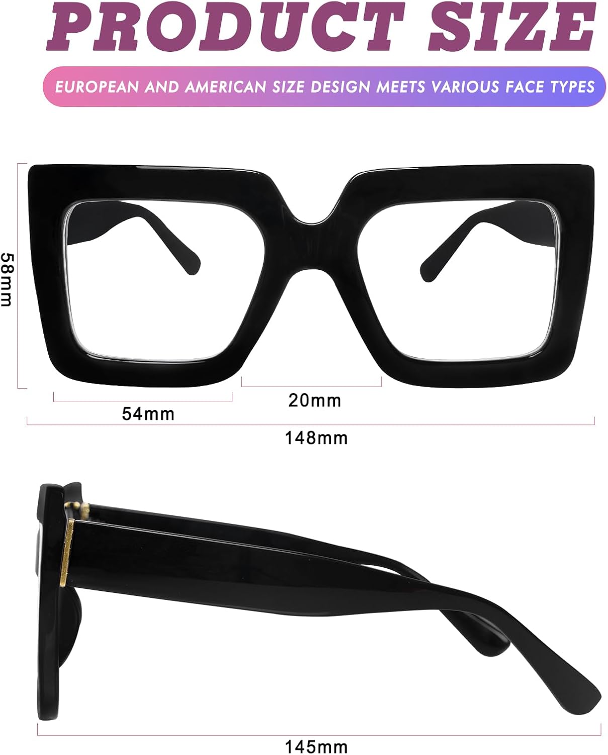 hoyuwak Gafas cuadradas de gran tamaño con luz azul, gafas de computadora con marco grande, gafas gruesas y transparentes a la moda para mujer