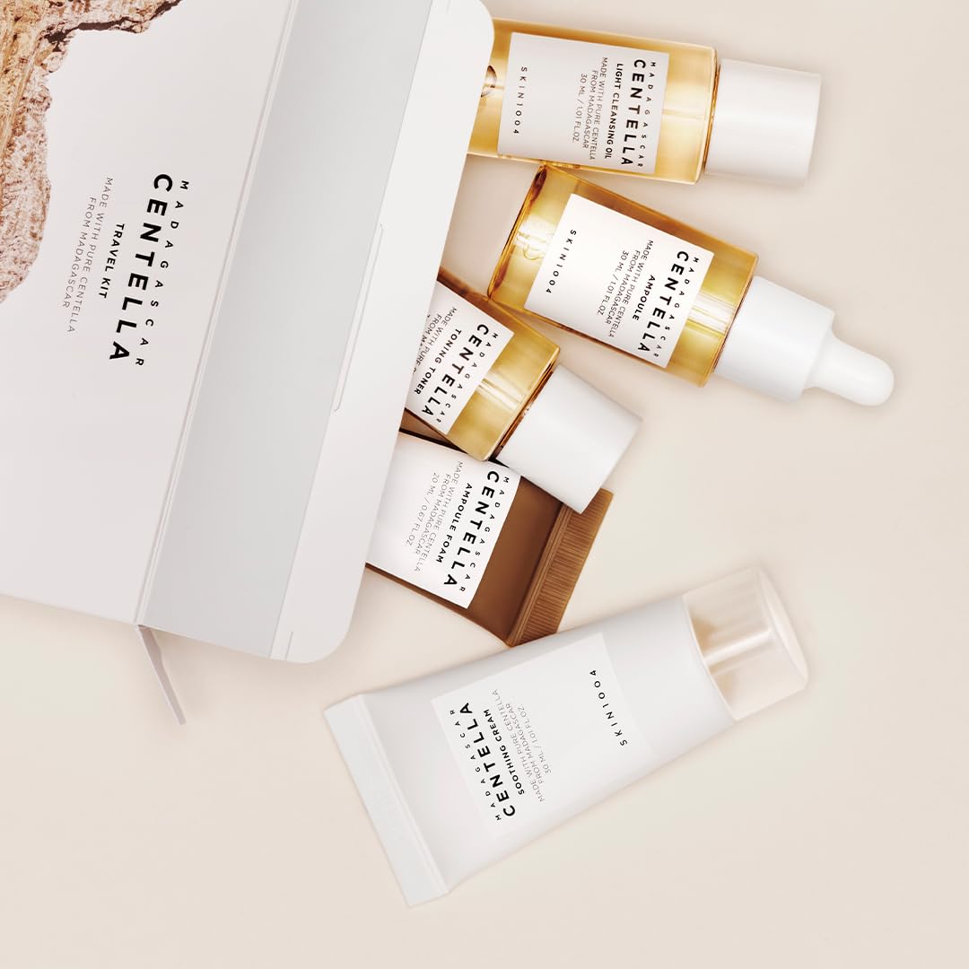 SKIN1004 Madagascar Centella - Kit de viaje, tónico, ampolla, crema calmante, aceite limpiador, espuma de ampolla, caja de kit de prueba básica para el cuidado de la piel, juegos de regalo para mamá