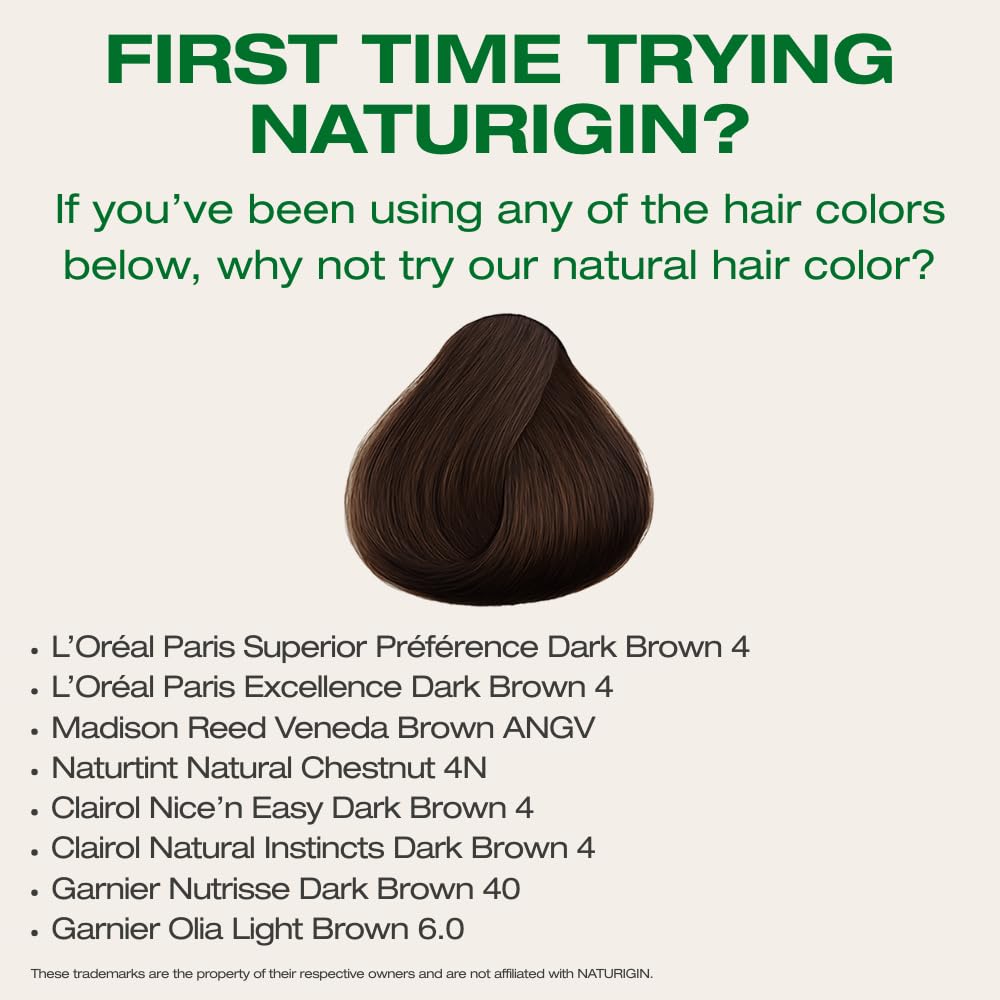 Naturigin Permanent Hair Dye - 4.0 Brown - 100% Gray Coverage, Long-Lasting Natural hair Color - Ammonia & Paraben-Free, Vegan and Plant-Infused Formula (Pack of 1)