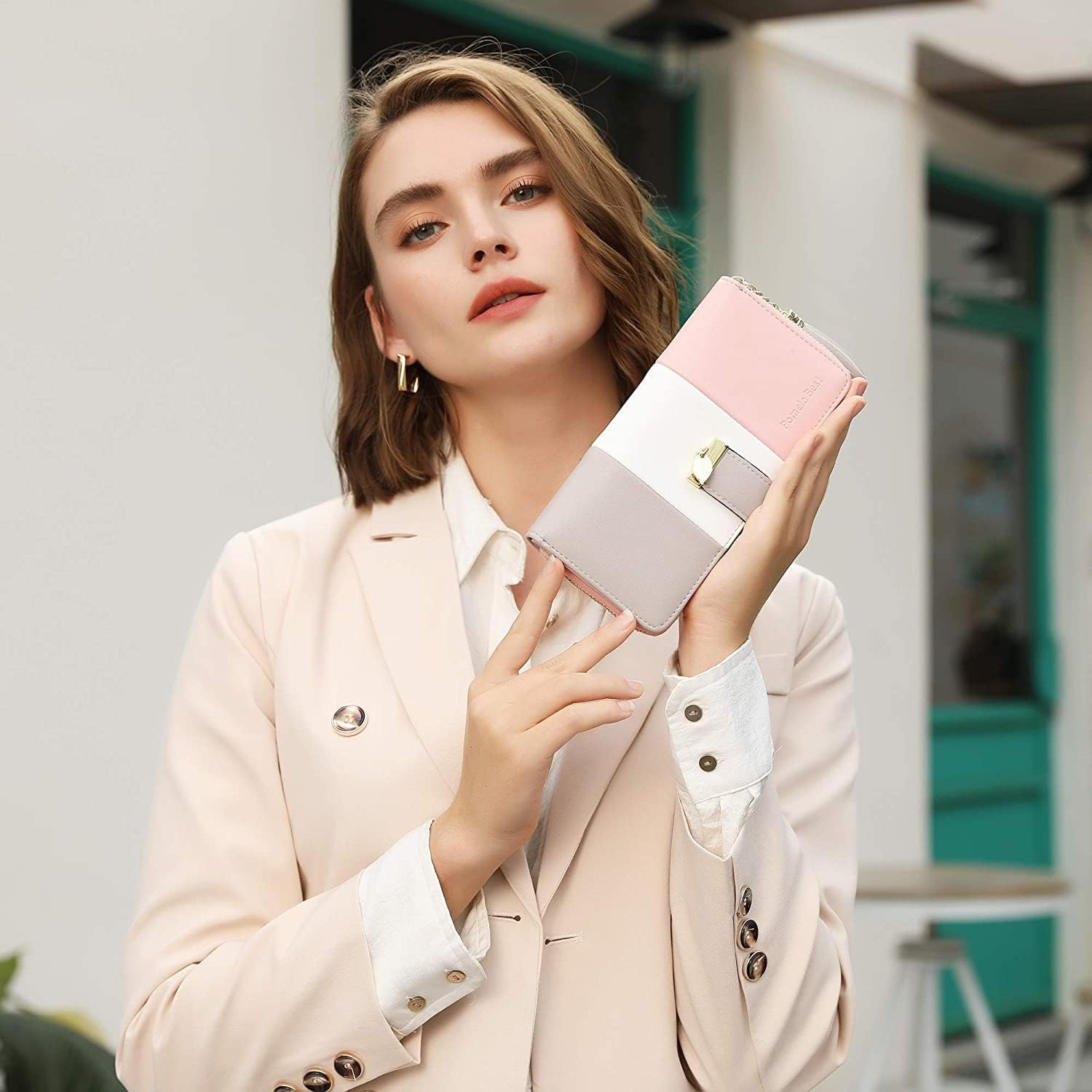 Carteras RFID para mujer con múltiples ranuras para tarjetas y compartimento para teléfono celular, cartera para mujer, Rosado/blanco/gris, Classic
