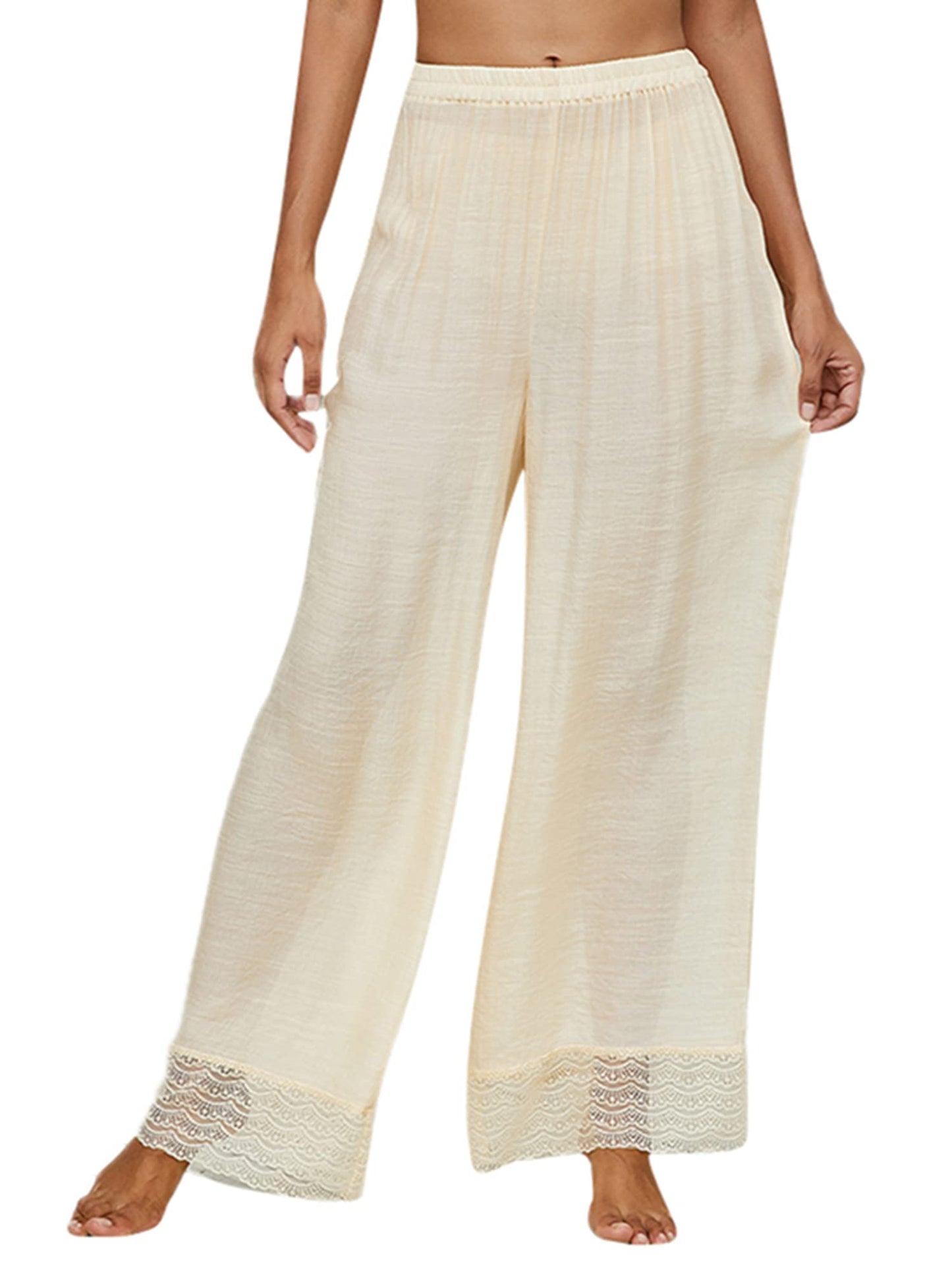 Springcmy - Pantalones de malla transparente con volantes para mujer, diseño para usar sobre el bikini, de pierna ancha para la playa