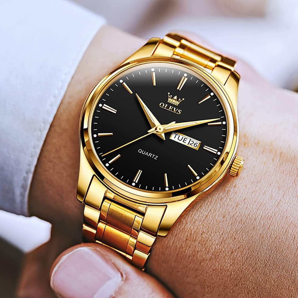 OLEVS Men's Luxury Stainless Steel Watch, Big Face Gold Silver Two Tone Three Hand Analog Quartz Watch, Easy to Read Waterproof Luminous Day Date Wrist Watches for Men