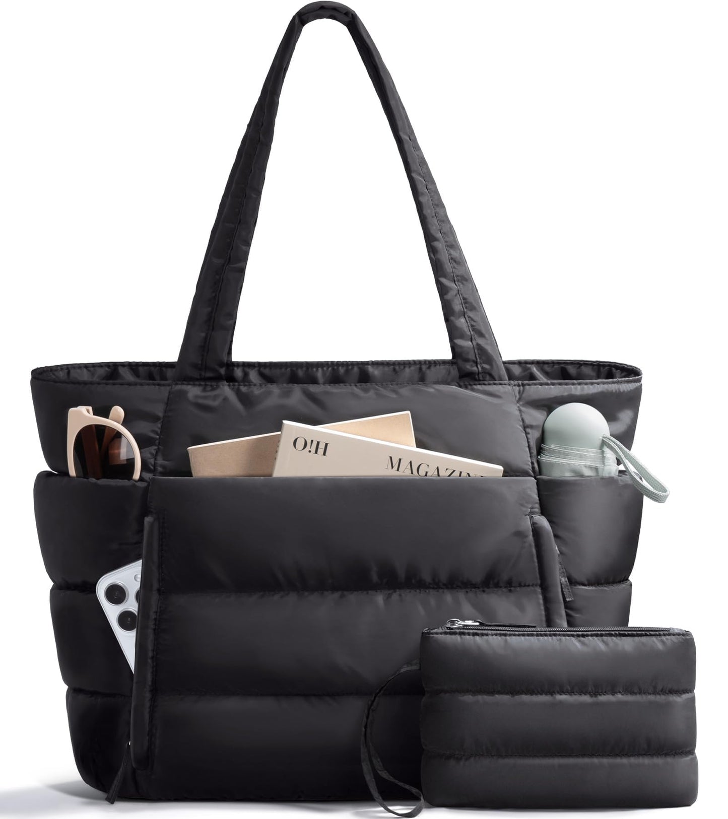 Bagstellar Puffer Tote Bag for Women, Lightweight Puffy Work Handbag Teacher Nurse Quilted Shoulder Bag for School Travel Gym | Cloud Bag w/ Zipper, Daily College Bags, 15.6" Computer Bag, Clinical Nursing Bag, 40 OZ Tumbler Holder, Ideal Gift for Women