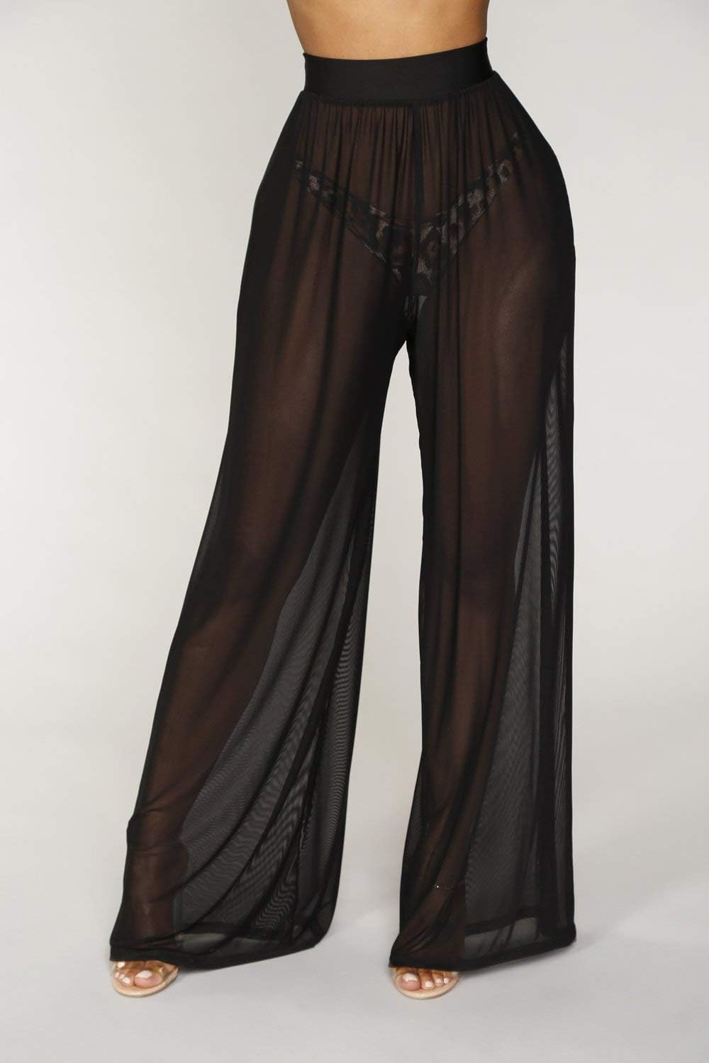 Springcmy - Pantalones de malla transparente con volantes para mujer, diseño para usar sobre el bikini, de pierna ancha para la playa