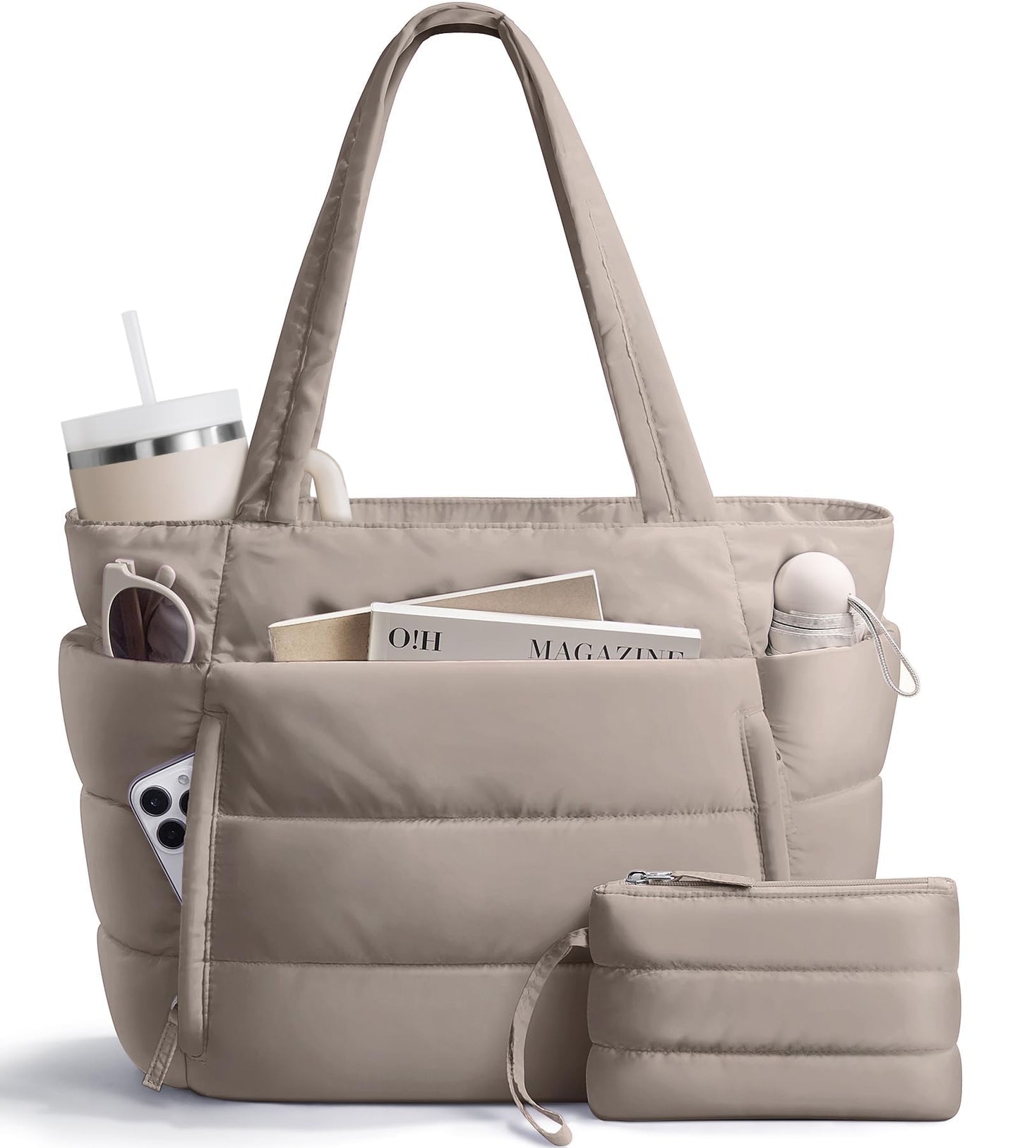 Bagstellar Puffer Tote Bag for Women, Lightweight Puffy Work Handbag Teacher Nurse Quilted Shoulder Bag for School Travel Gym | Cloud Bag w/ Zipper, Daily College Bags, 15.6" Computer Bag, Clinical Nursing Bag, 40 OZ Tumbler Holder, Ideal Gift for Women