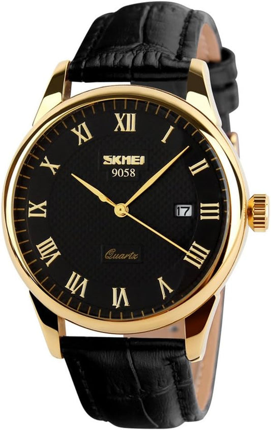 SKMEI Relojes de pulsera para hombre de negocios, con números romanos, correa de cuero, cuarzo, casual, resistente al agua, analógico