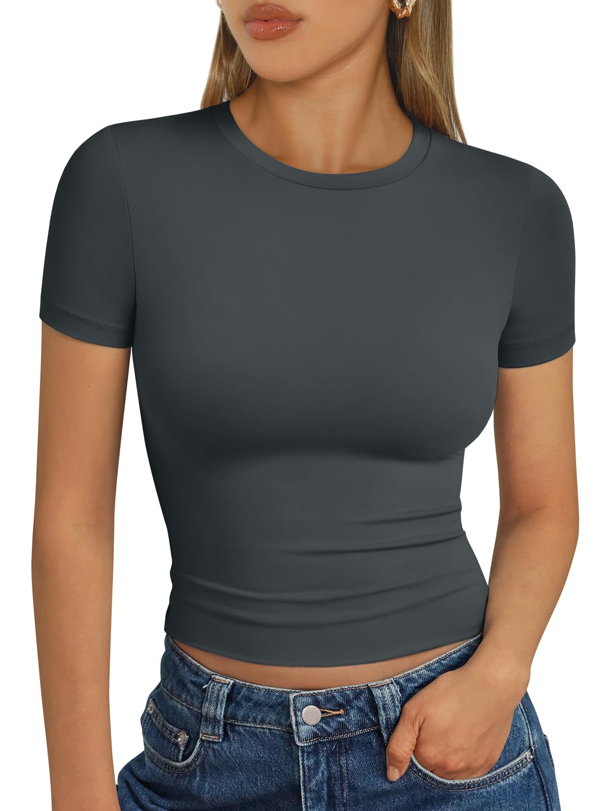 Trendy Queen - Camisetas básicas para mujer, camisetas de verano 2025, de manga corta, ajustadas, para gimnasio, entrenamiento, ropa estilo Y2K