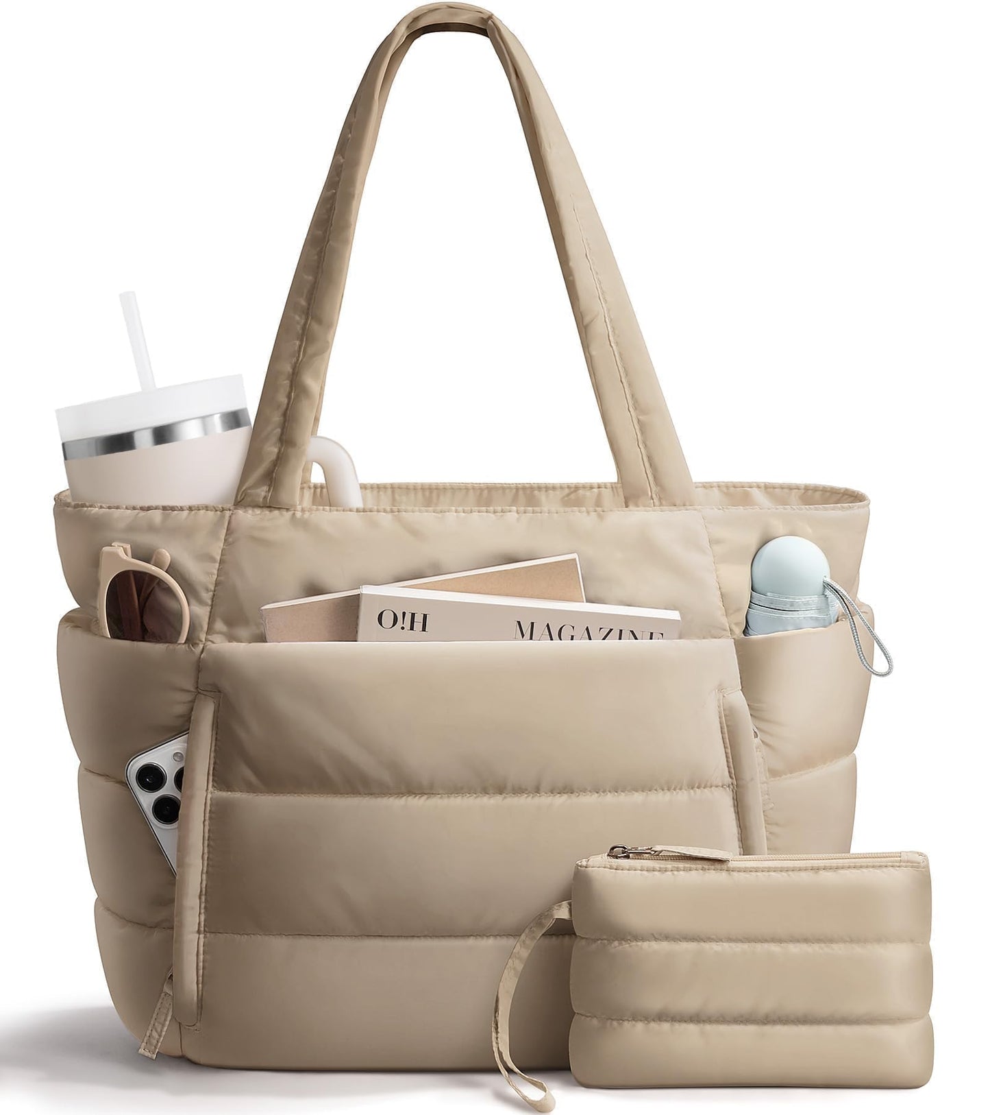 Bagstellar Puffer Tote Bag for Women, Lightweight Puffy Work Handbag Teacher Nurse Quilted Shoulder Bag for School Travel Gym | Cloud Bag w/ Zipper, Daily College Bags, 15.6" Computer Bag, Clinical Nursing Bag, 40 OZ Tumbler Holder, Ideal Gift for Women