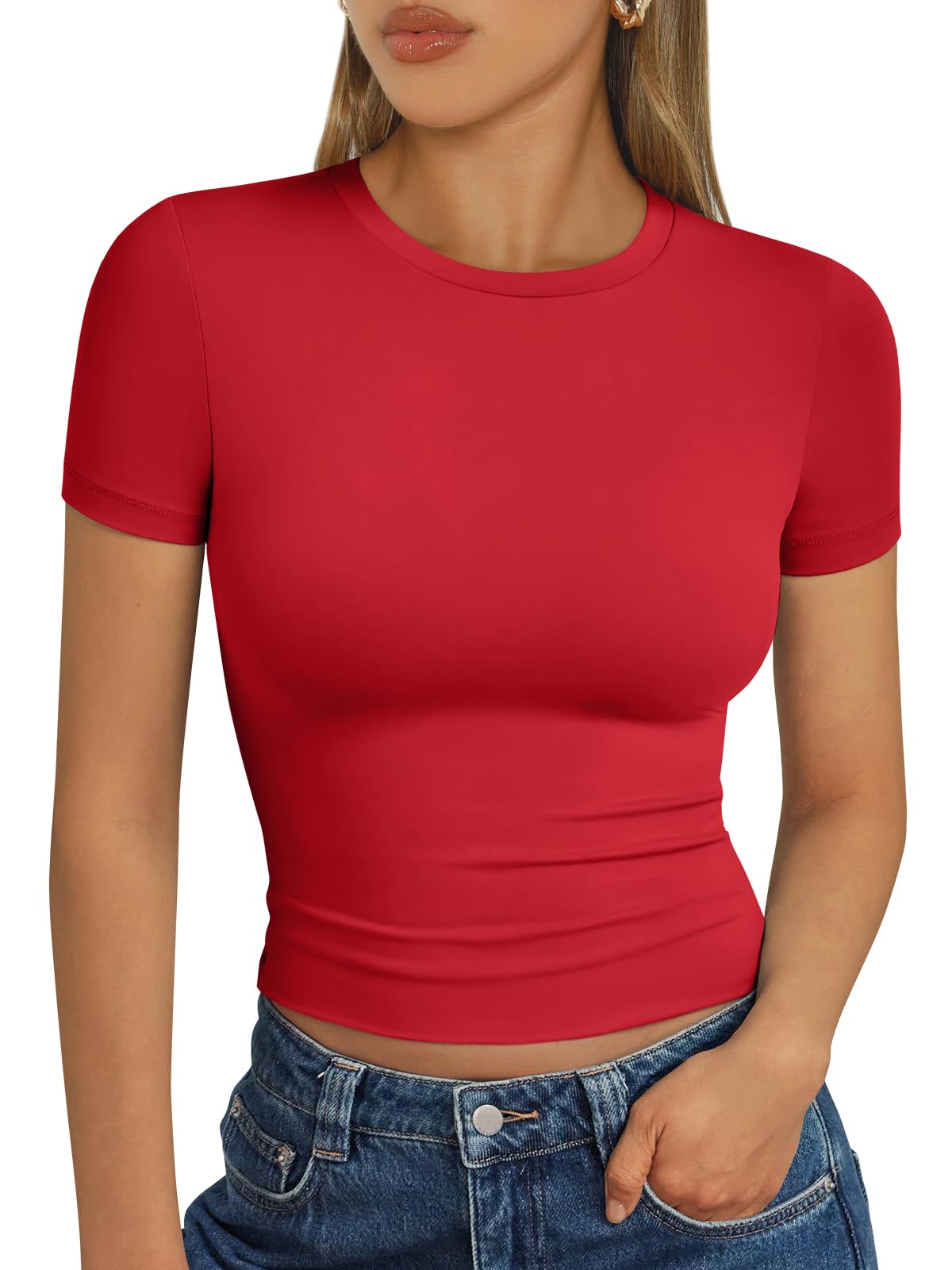 Trendy Queen - Camisetas básicas para mujer, camisetas de verano 2025, de manga corta, ajustadas, para gimnasio, entrenamiento, ropa estilo Y2K