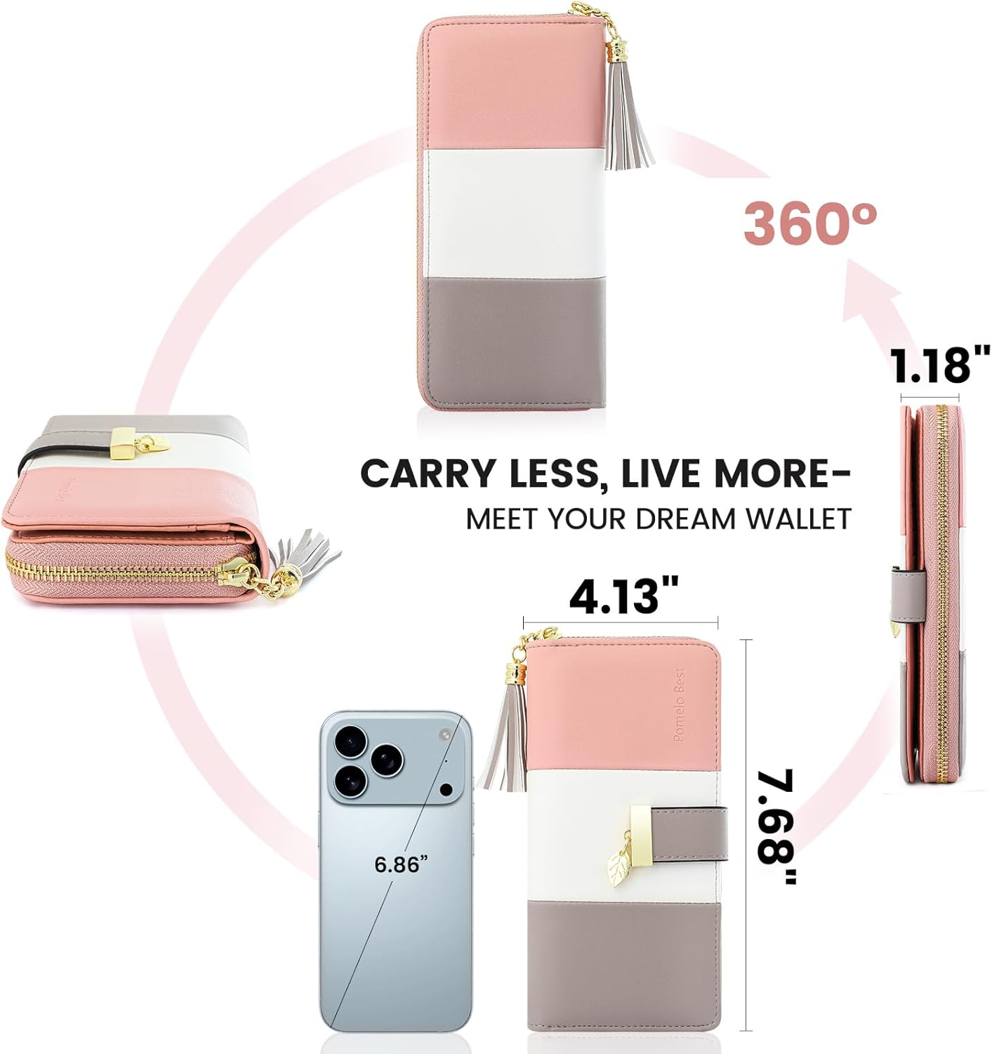 Carteras RFID para mujer con múltiples ranuras para tarjetas y compartimento para teléfono celular, cartera para mujer, Rosado/blanco/gris, Classic