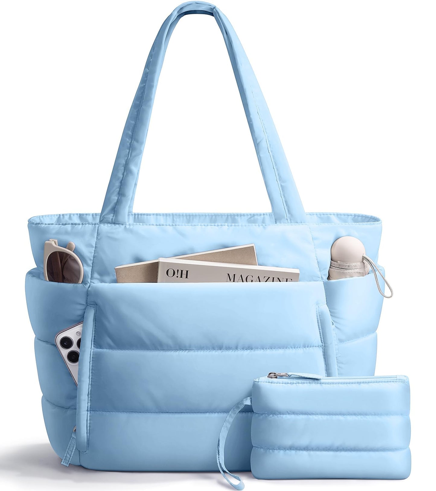 Bagstellar Puffer Tote Bag for Women, Lightweight Puffy Work Handbag Teacher Nurse Quilted Shoulder Bag for School Travel Gym | Cloud Bag w/ Zipper, Daily College Bags, 15.6" Computer Bag, Clinical Nursing Bag, 40 OZ Tumbler Holder, Ideal Gift for Women