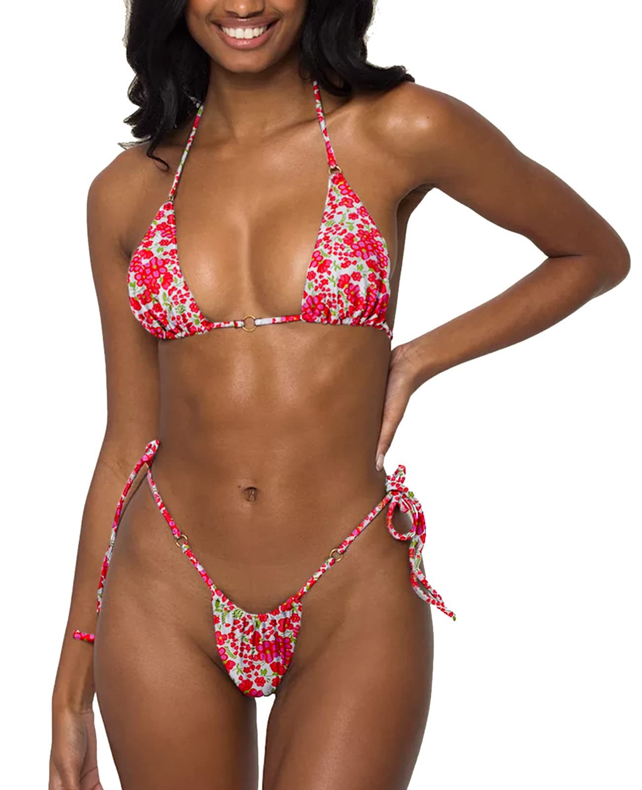 MIYOUJ Women Halter String Bikini Set Sexy Thong Cheeky Two Piece Swimsuits Solid Color Bathing Swimwear
