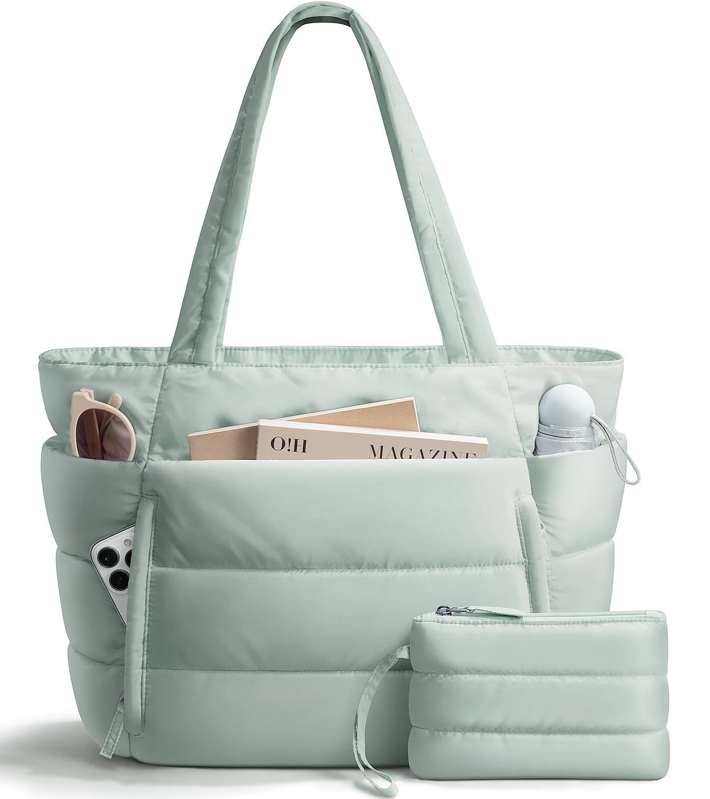 Bagstellar Puffer Tote Bag for Women, Lightweight Puffy Work Handbag Teacher Nurse Quilted Shoulder Bag for School Travel Gym | Cloud Bag w/ Zipper, Daily College Bags, 15.6" Computer Bag, Clinical Nursing Bag, 40 OZ Tumbler Holder, Ideal Gift for Women