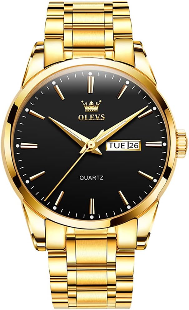 OLEVS Men's Luxury Stainless Steel Watch, Big Face Gold Silver Two Tone Three Hand Analog Quartz Watch, Easy to Read Waterproof Luminous Day Date Wrist Watches for Men