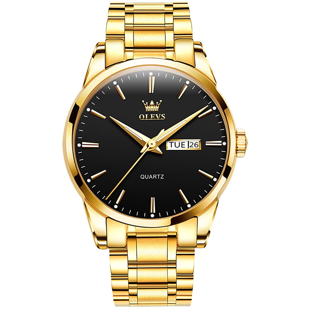 OLEVS Men's Luxury Stainless Steel Watch, Big Face Gold Silver Two Tone Three Hand Analog Quartz Watch, Easy to Read Waterproof Luminous Day Date Wrist Watches for Men