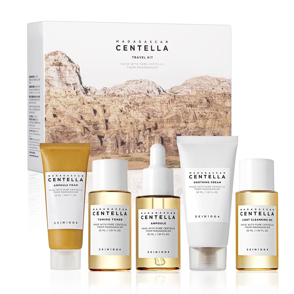 SKIN1004 Madagascar Centella - Kit de viaje, tónico, ampolla, crema calmante, aceite limpiador, espuma de ampolla, caja de kit de prueba básica para el cuidado de la piel, juegos de regalo para mamá