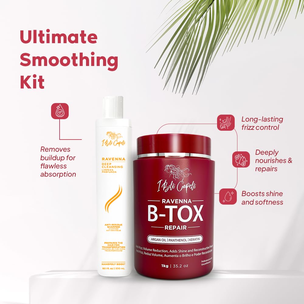 I Belli Capelli Kit de Tratamiento Capilar Ravenna - 1kg/35.02 oz Máscara Capilar B-tox + Champú Anti-Residuos 300ml/10.1 fl.oz - Champú Reparador y Aclarante de Efecto Duradero