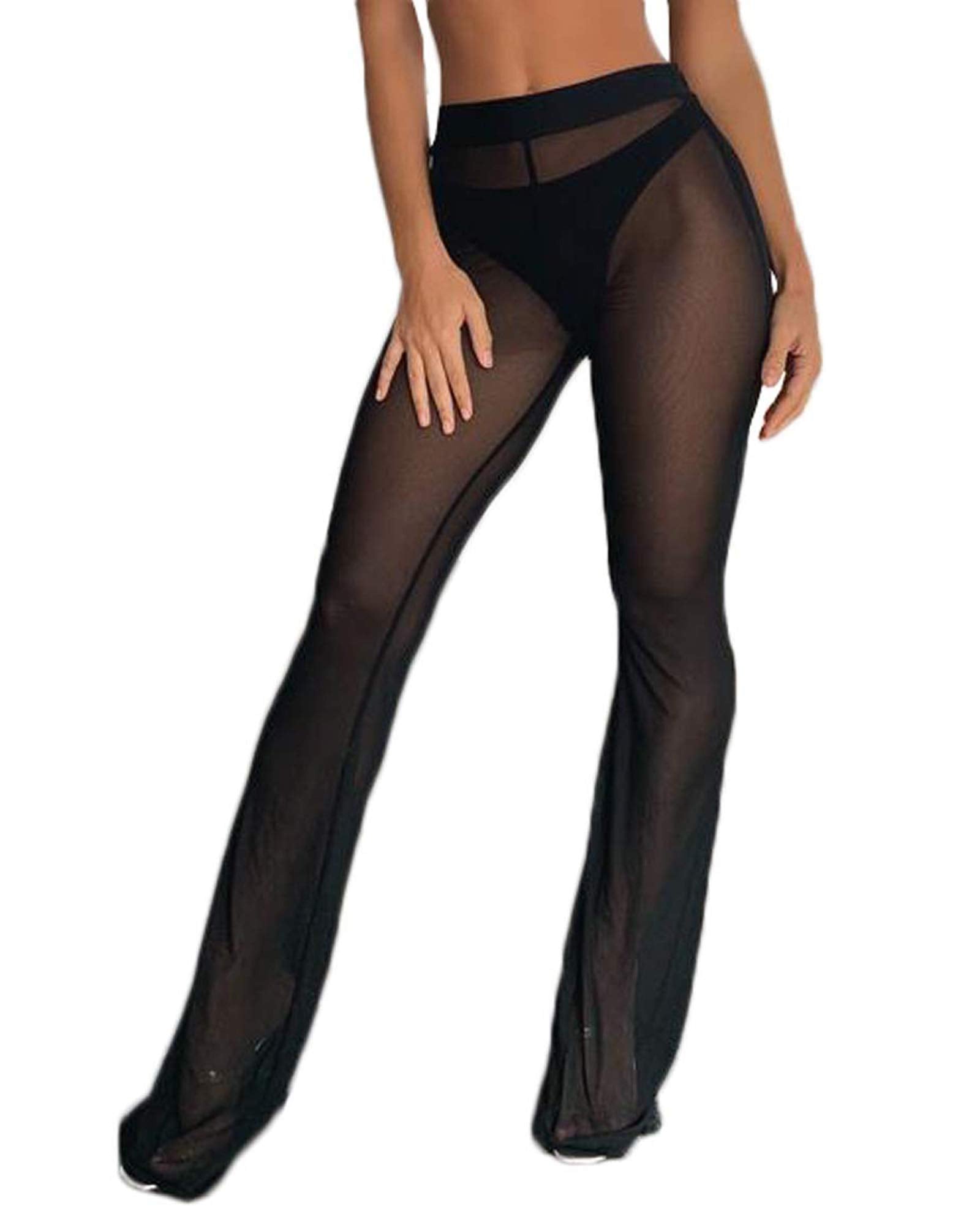 Springcmy - Pantalones de malla transparente con volantes para mujer, diseño para usar sobre el bikini, de pierna ancha para la playa